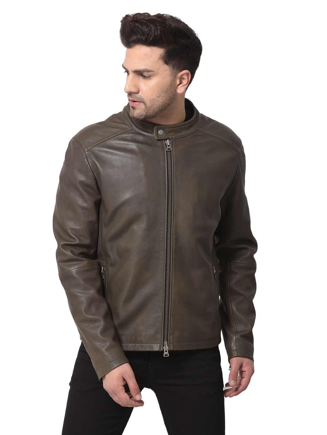 Olive leather jacket for men