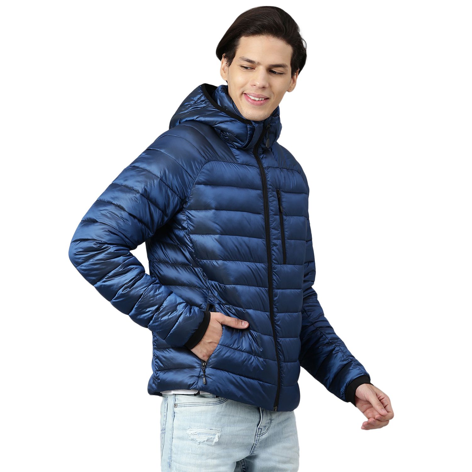 Electric blue quilted jacket with hood for men