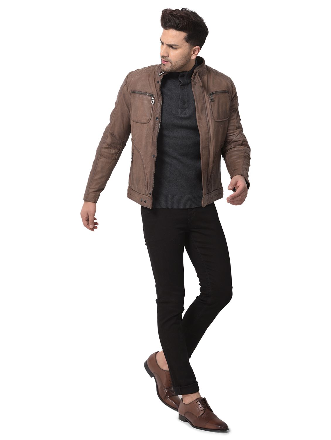 Men Stylish Chocolate Brown Leather Jacket - Maher Leathers