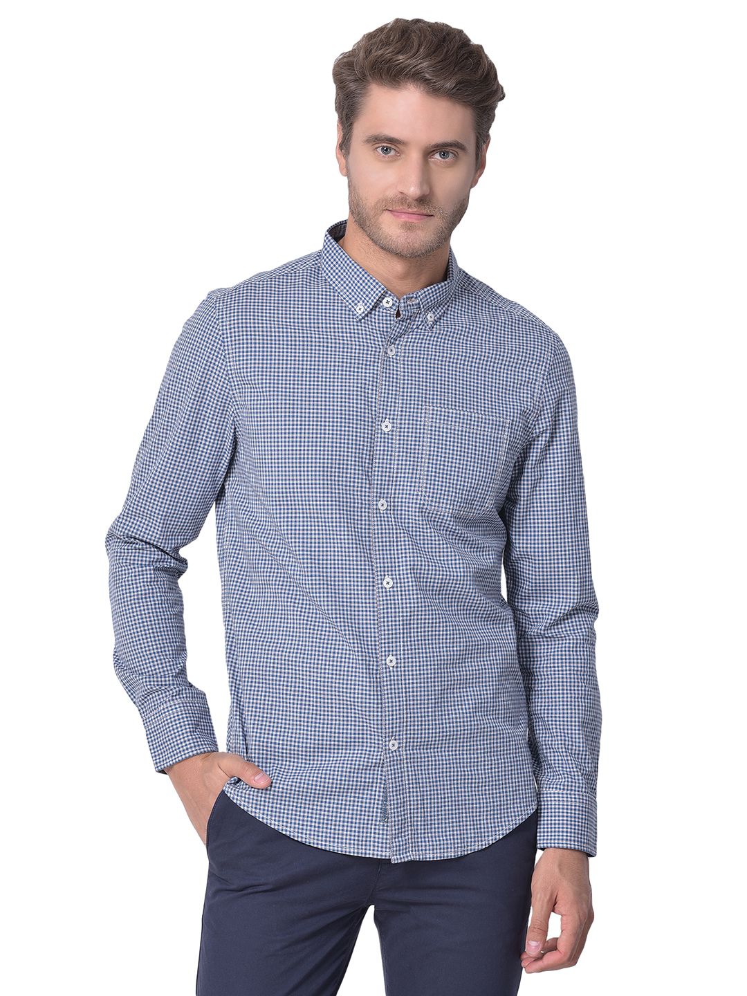 Blue and white check shirt for men