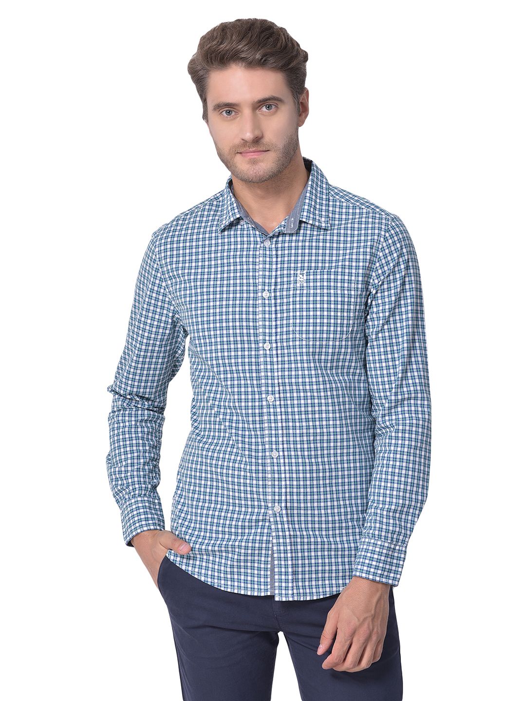Green and blue check shirt for men