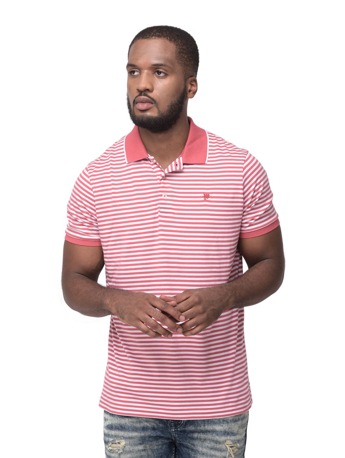BERRY/WHITE striped polo neck t-shirt