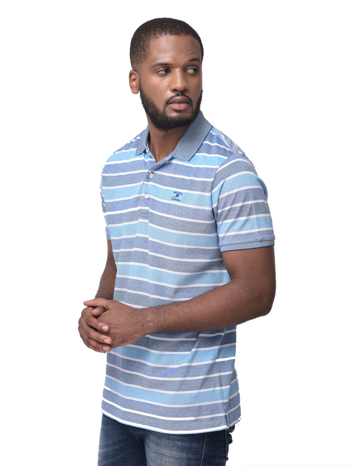 WHITE/BLUE MULTI striped polo neck t-shirt