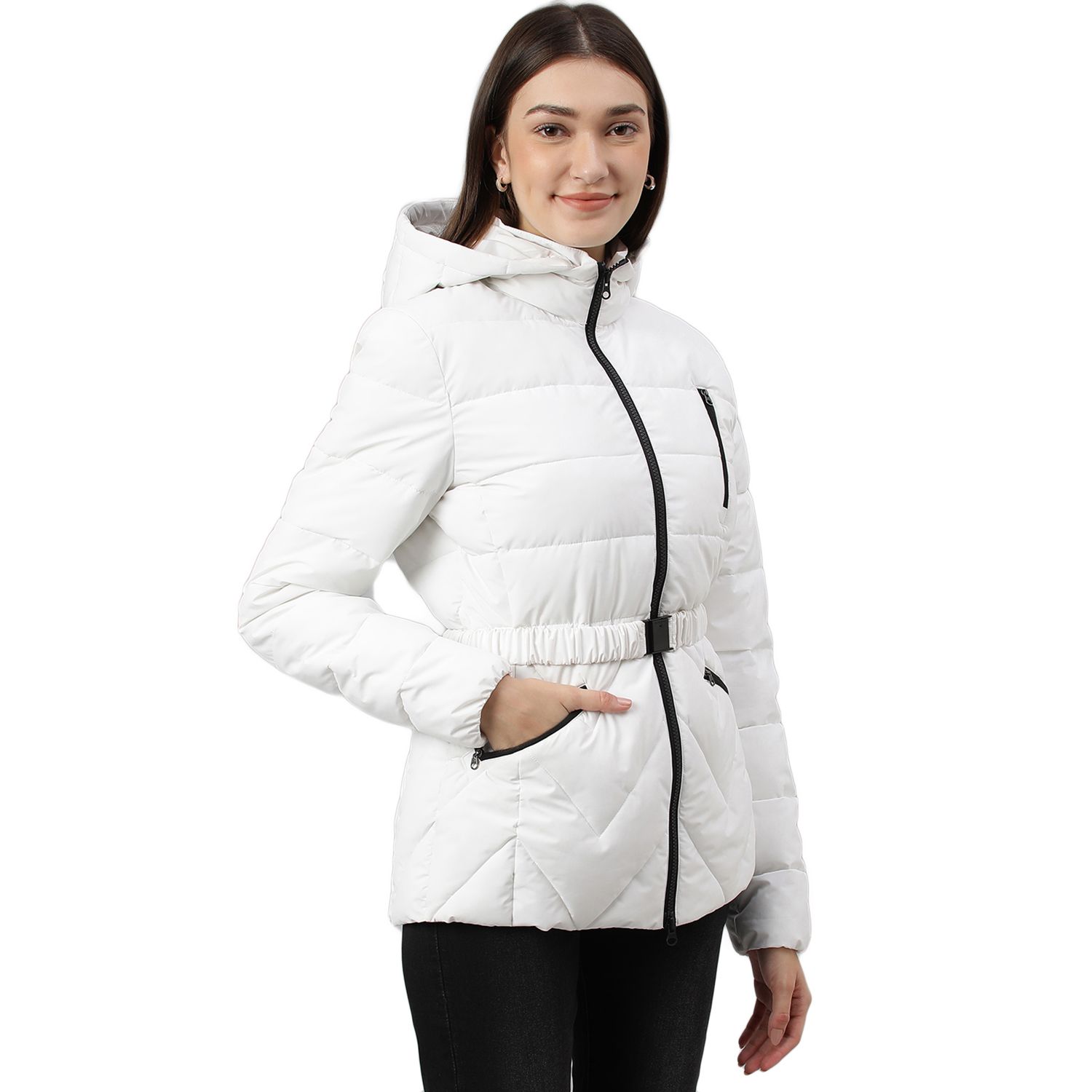 White quilted long jacket with detachable hood for women