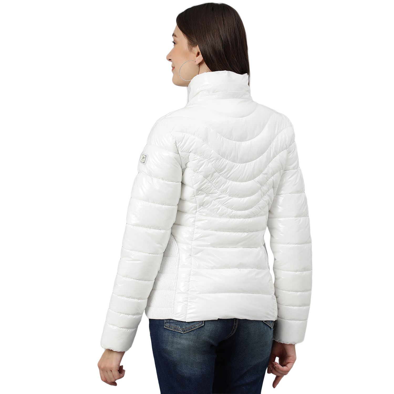 White PU coated quilted jacket with detachable hood for women