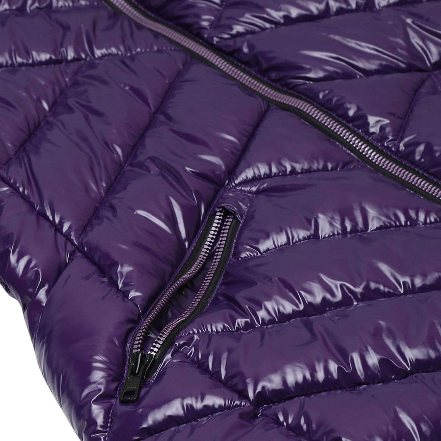 Purple PU coated puffer Jacket with fur detachable hood for women