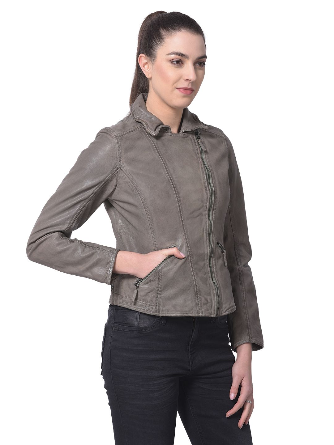 Gray leather outlet jacket womens