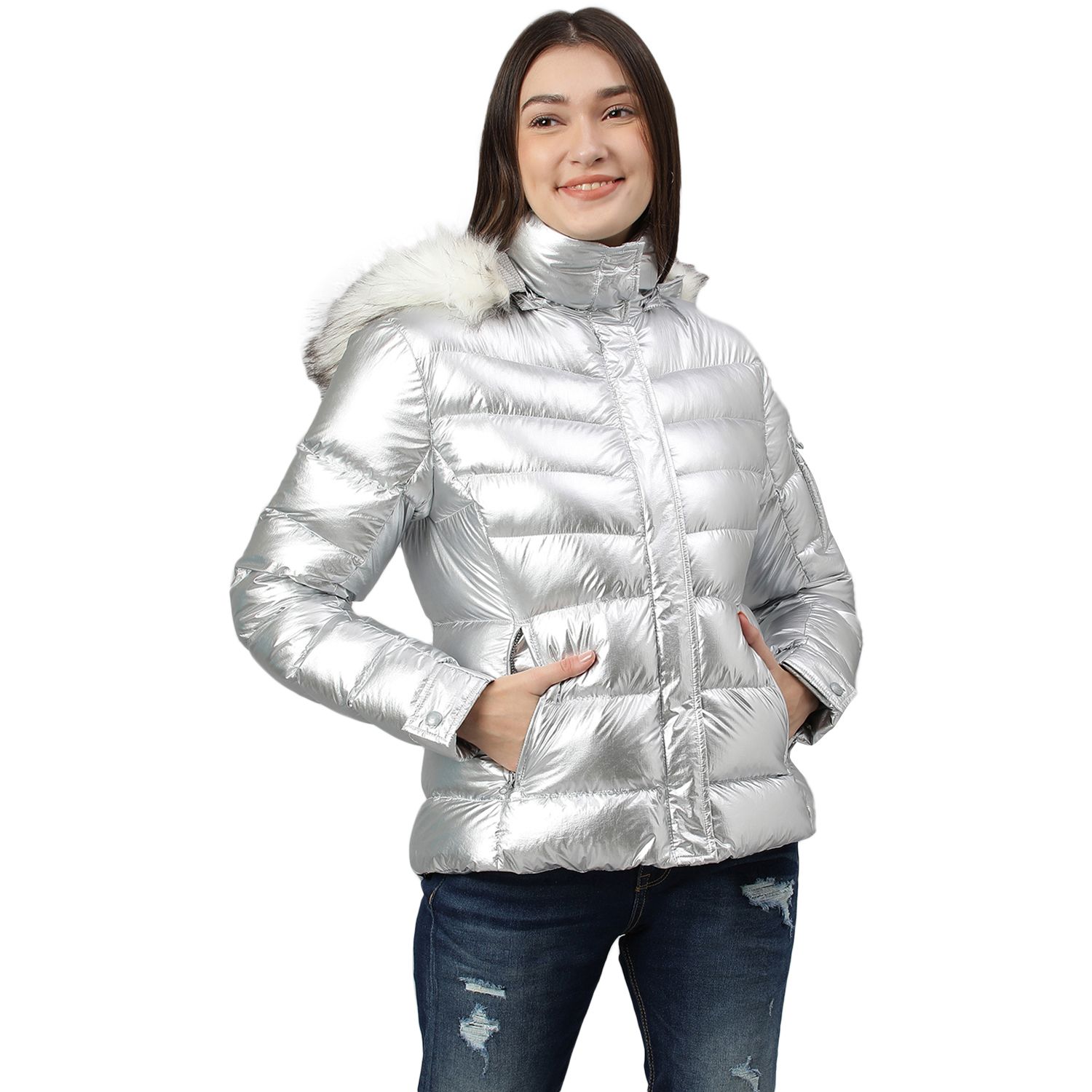 Women's metallic silver on sale down puffer jacket