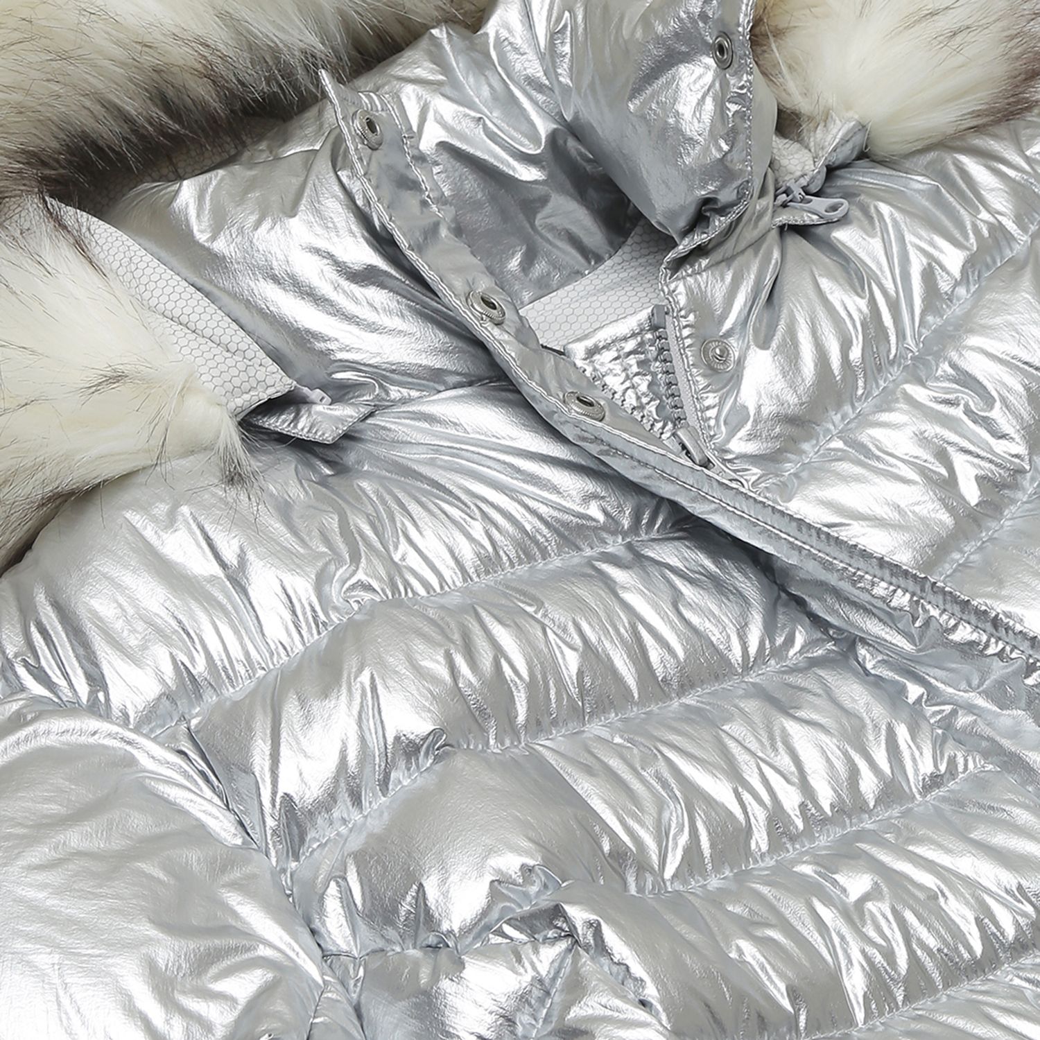 Silver foil coated puffer down jacket with detachable fur hood for women