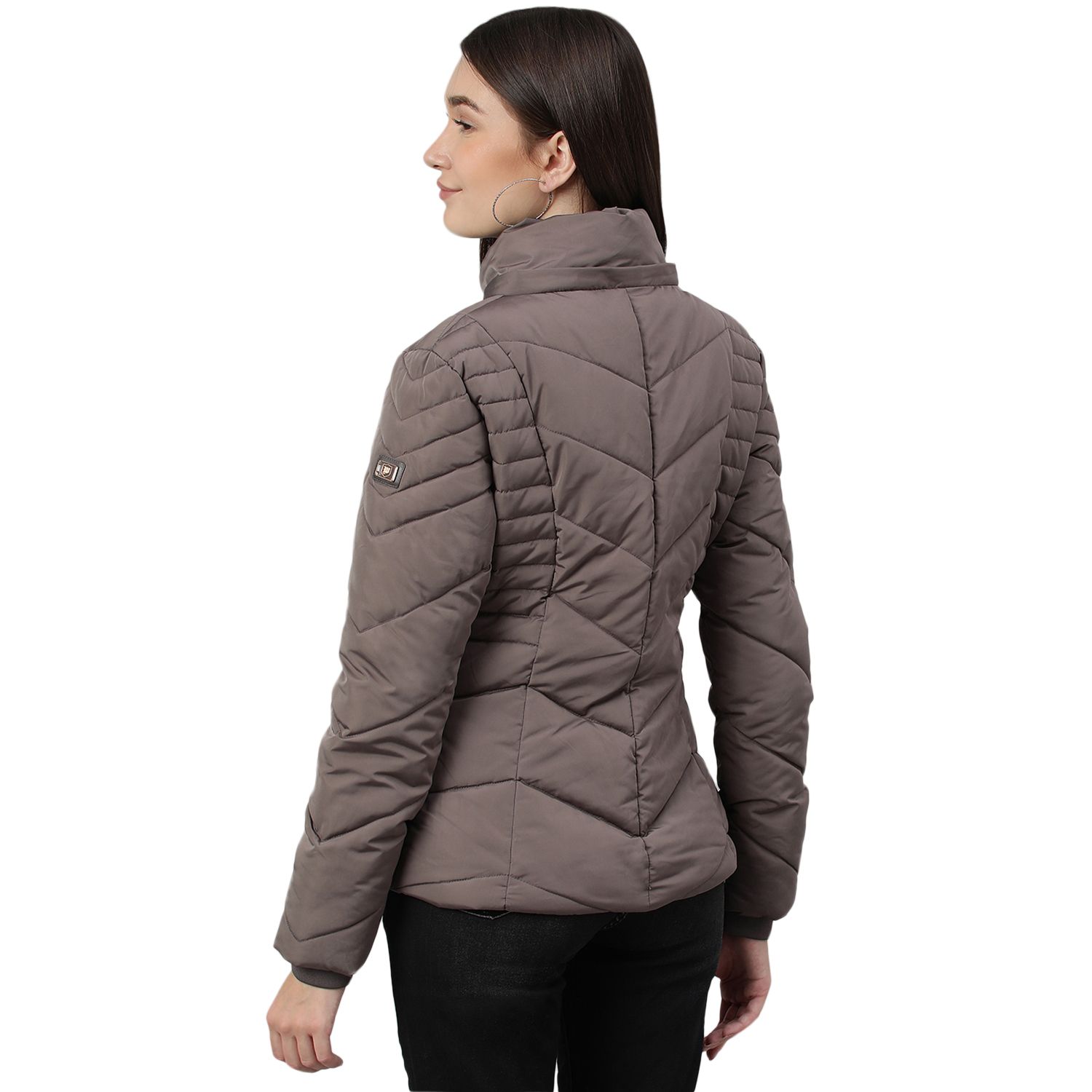 Iron grey Herringbone Jacket with detachable fur & hood for Women