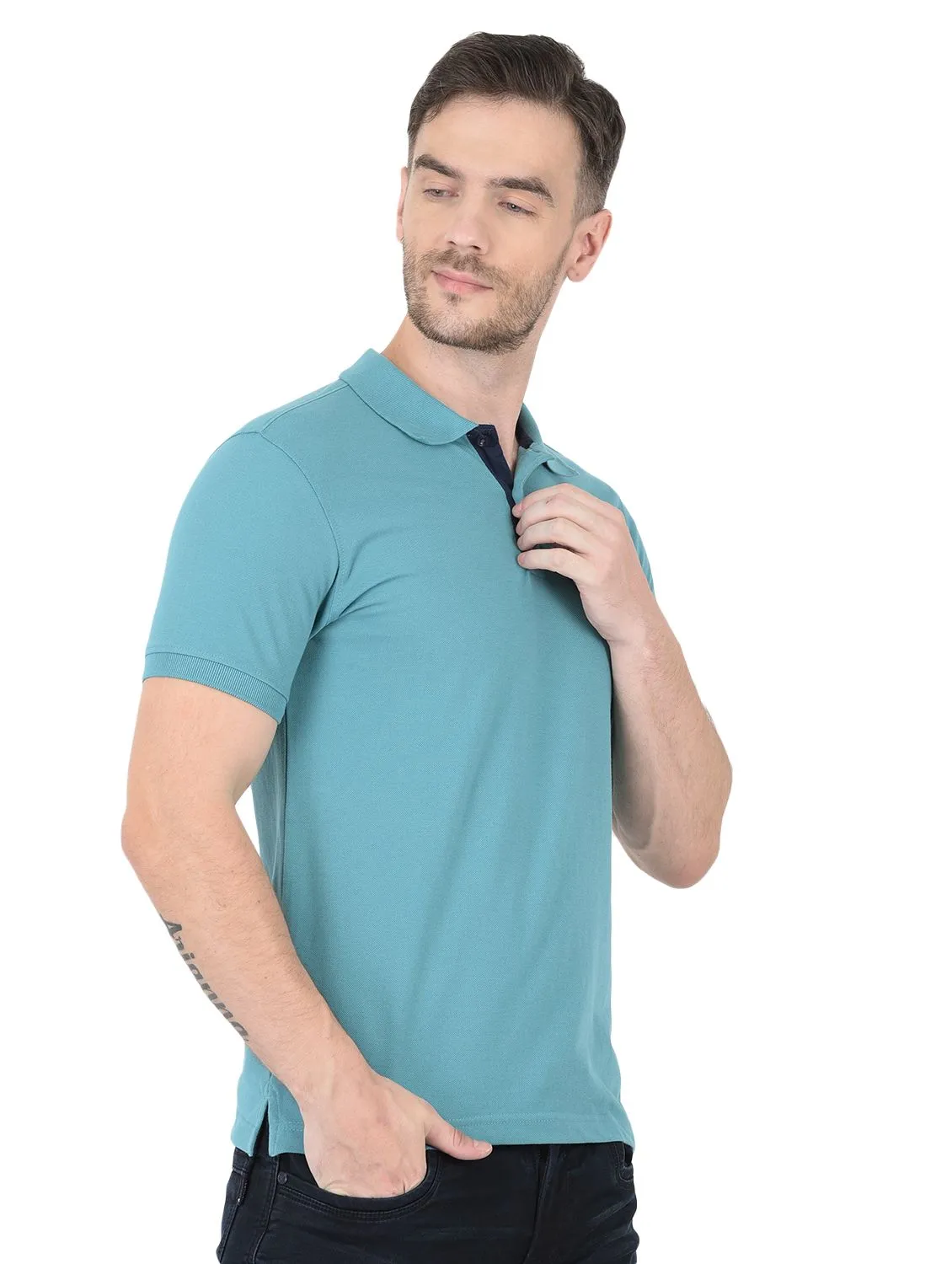 Teal Blue Polo t-shirt for men - Thumbnail 4