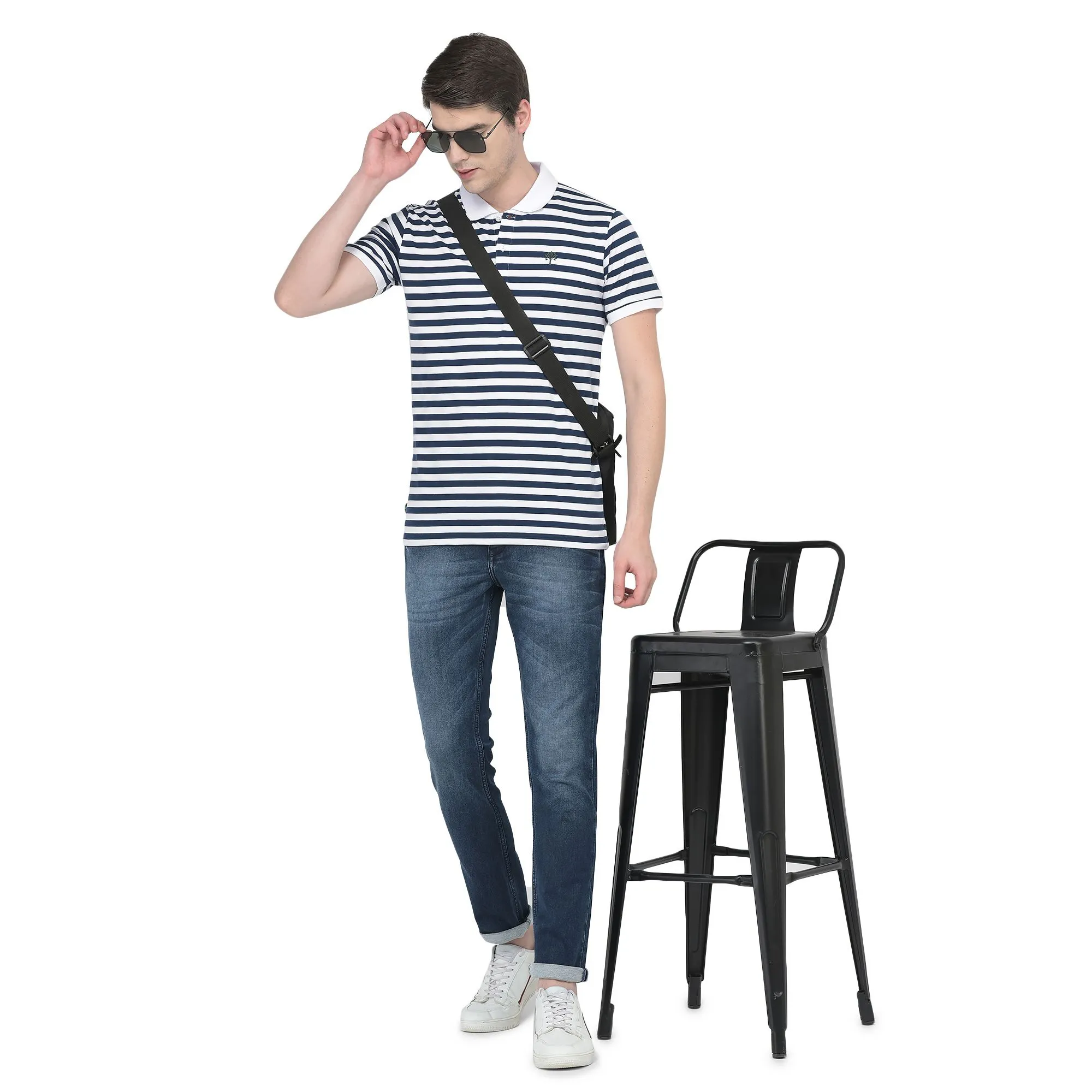 White/Navy Polo T-shirt for Men - Image 1