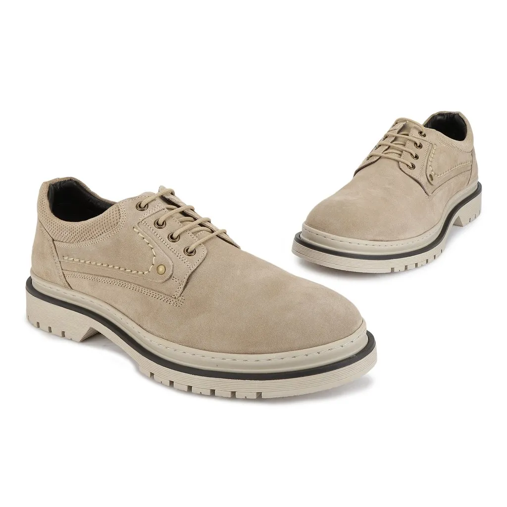 Beige Suede Lace-up Shoes for Men - Thumbnail 2