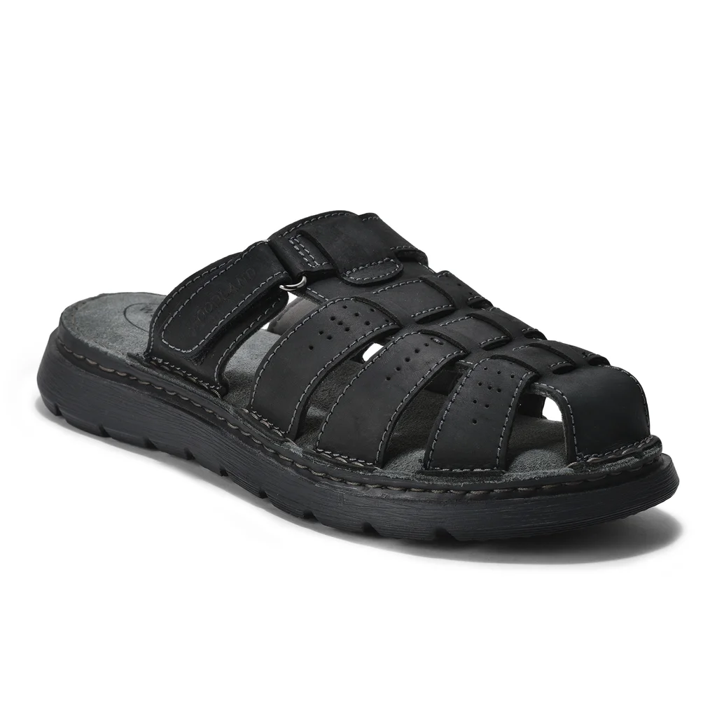Men's Black Nubuck Leather Sandal - Thumbnail 4