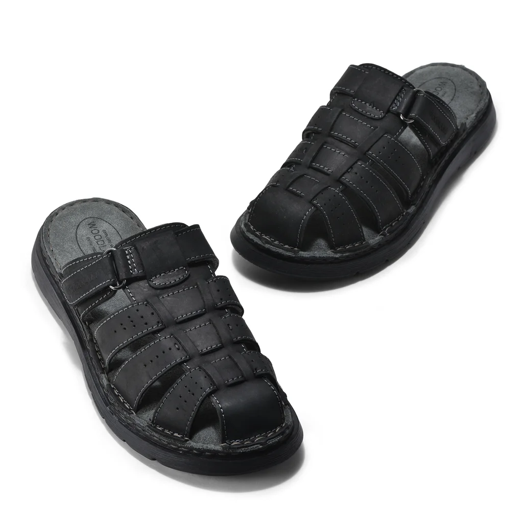 Men's Black Nubuck Leather Sandal - Thumbnail 5