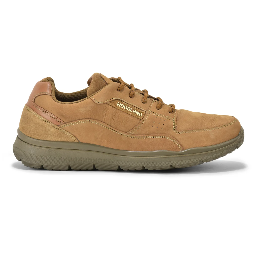 Woodland Embossed Men’s Camel Lace-Up Casual Shoes - Image 1