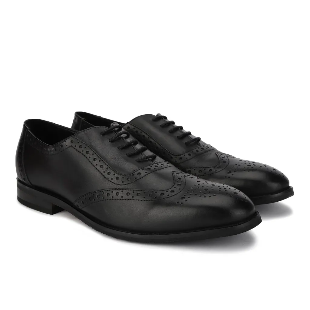 Men Black Leather Brogue Oxford Shoes - Thumbnail 4