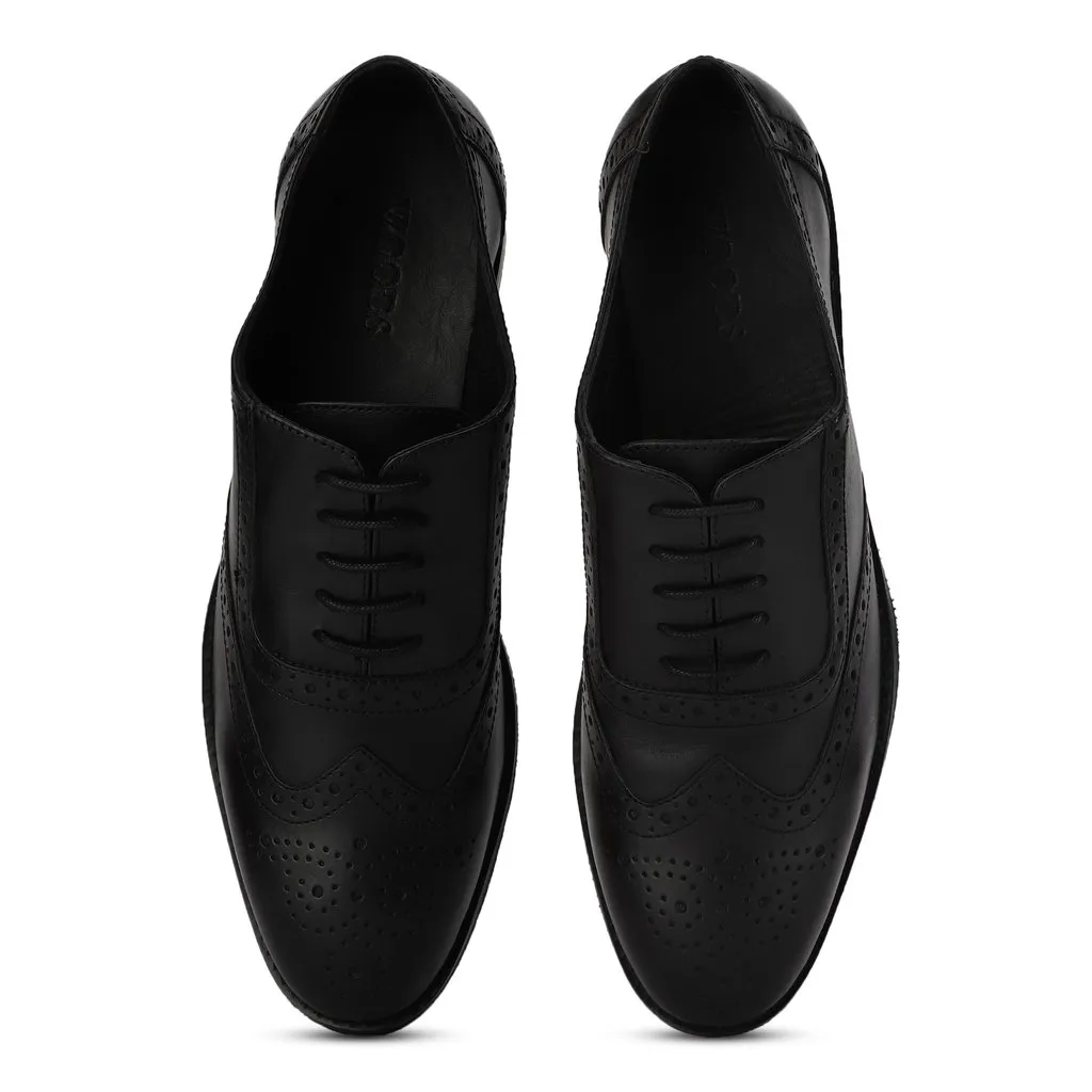 Men Black Leather Brogue Oxford Shoes - Thumbnail 6