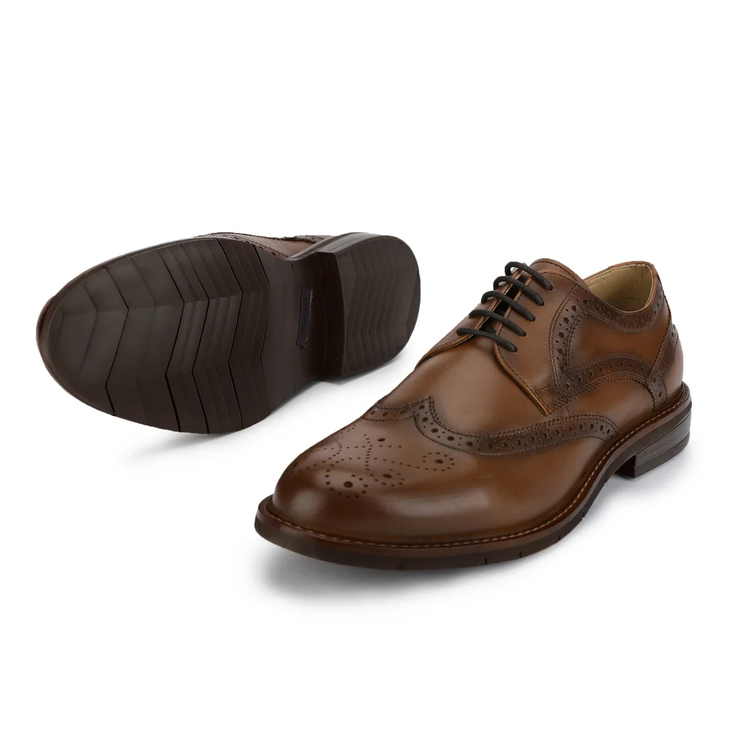 Men Formal Tan Leather Oxford Brogue - Thumbnail 3