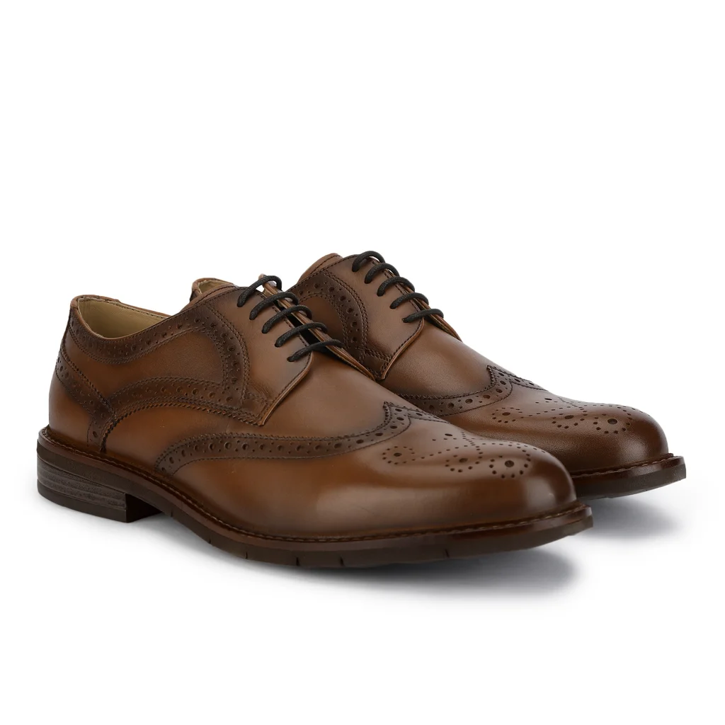 Men Formal Tan Leather Oxford Brogue - Thumbnail 6