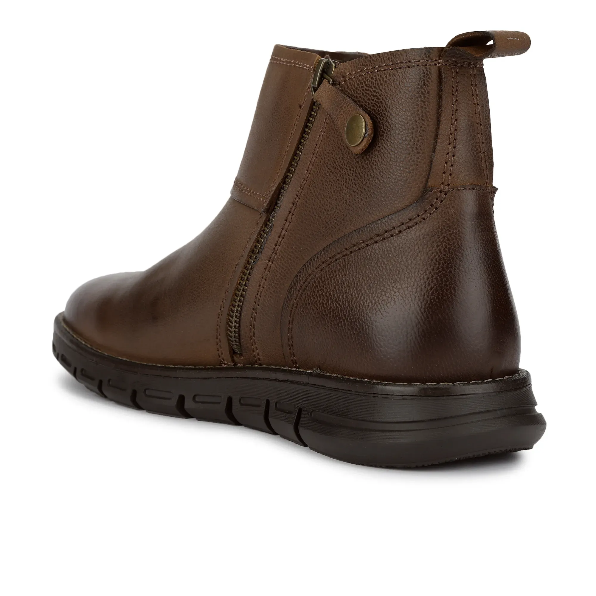 Men Brown Leather Ankle Boots with Side Zipper  - Thumbnail 3