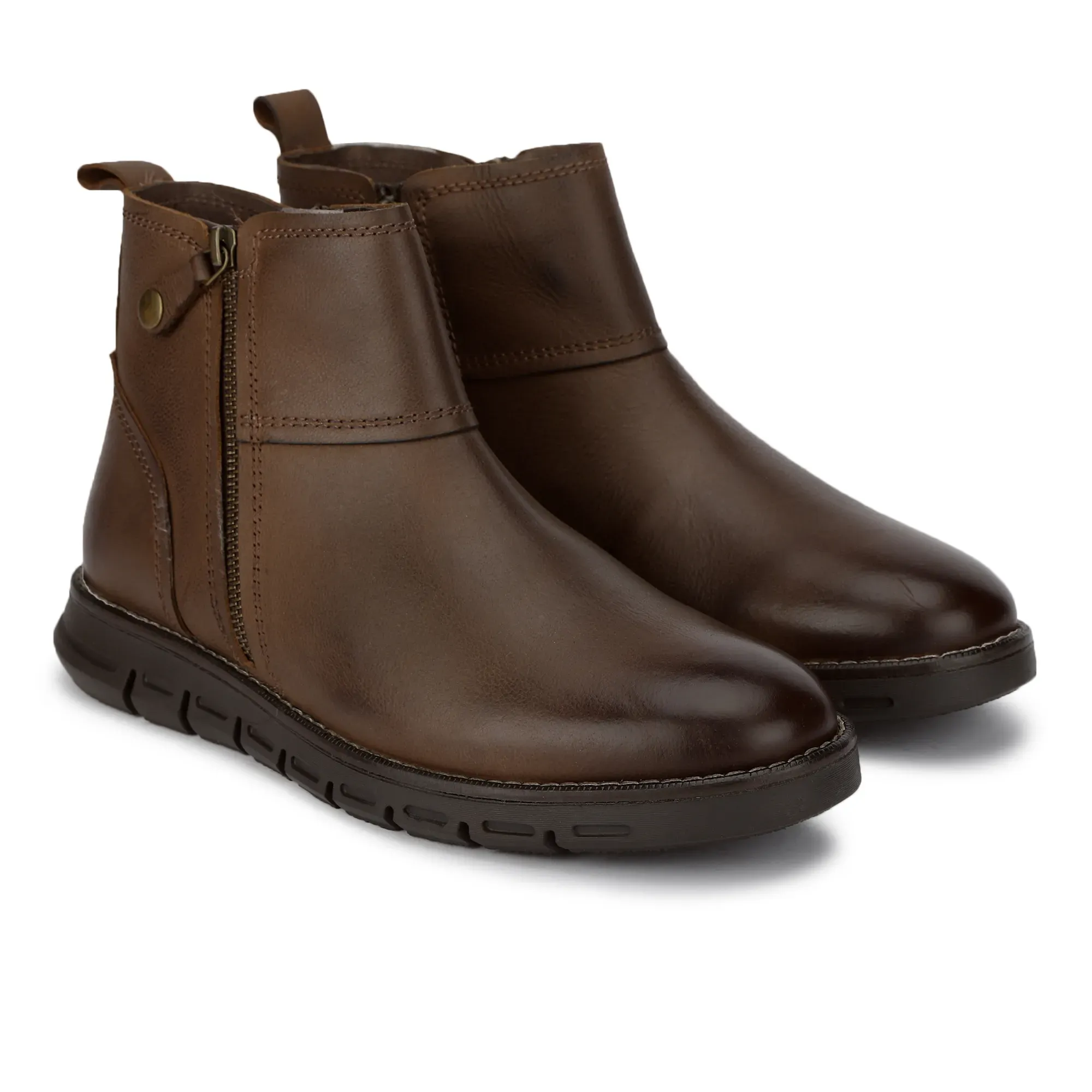 Men Brown Leather Ankle Boots with Side Zipper  - Thumbnail 4