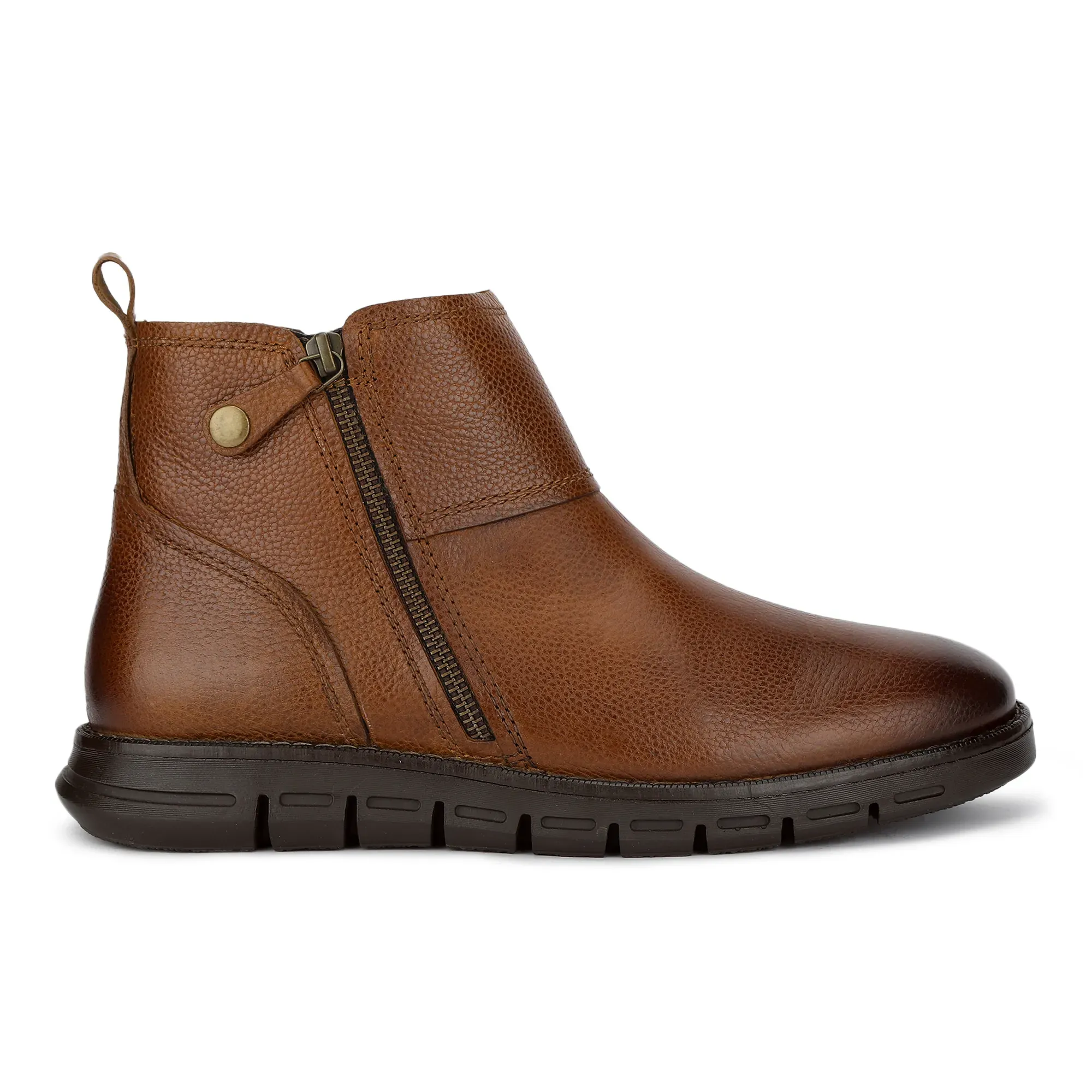 Men Tan Leather Ankle Boots with Side Zipper  - Thumbnail 2