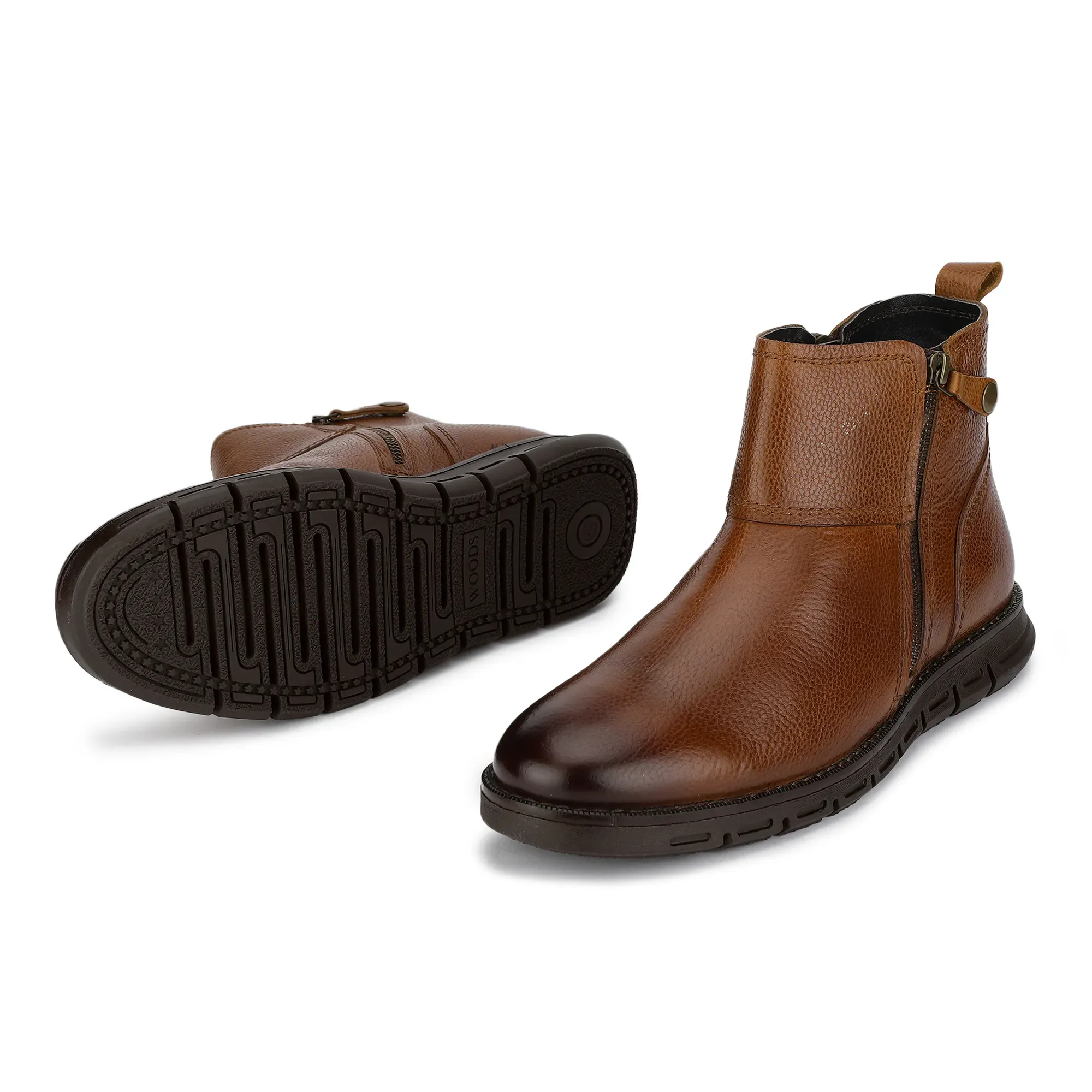 Men Tan Leather Ankle Boots with Side Zipper  - Thumbnail 3