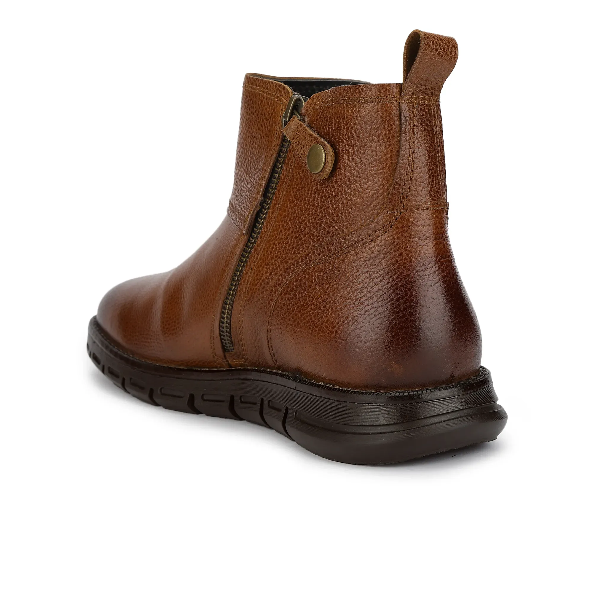 Men Tan Leather Ankle Boots with Side Zipper  - Thumbnail 5