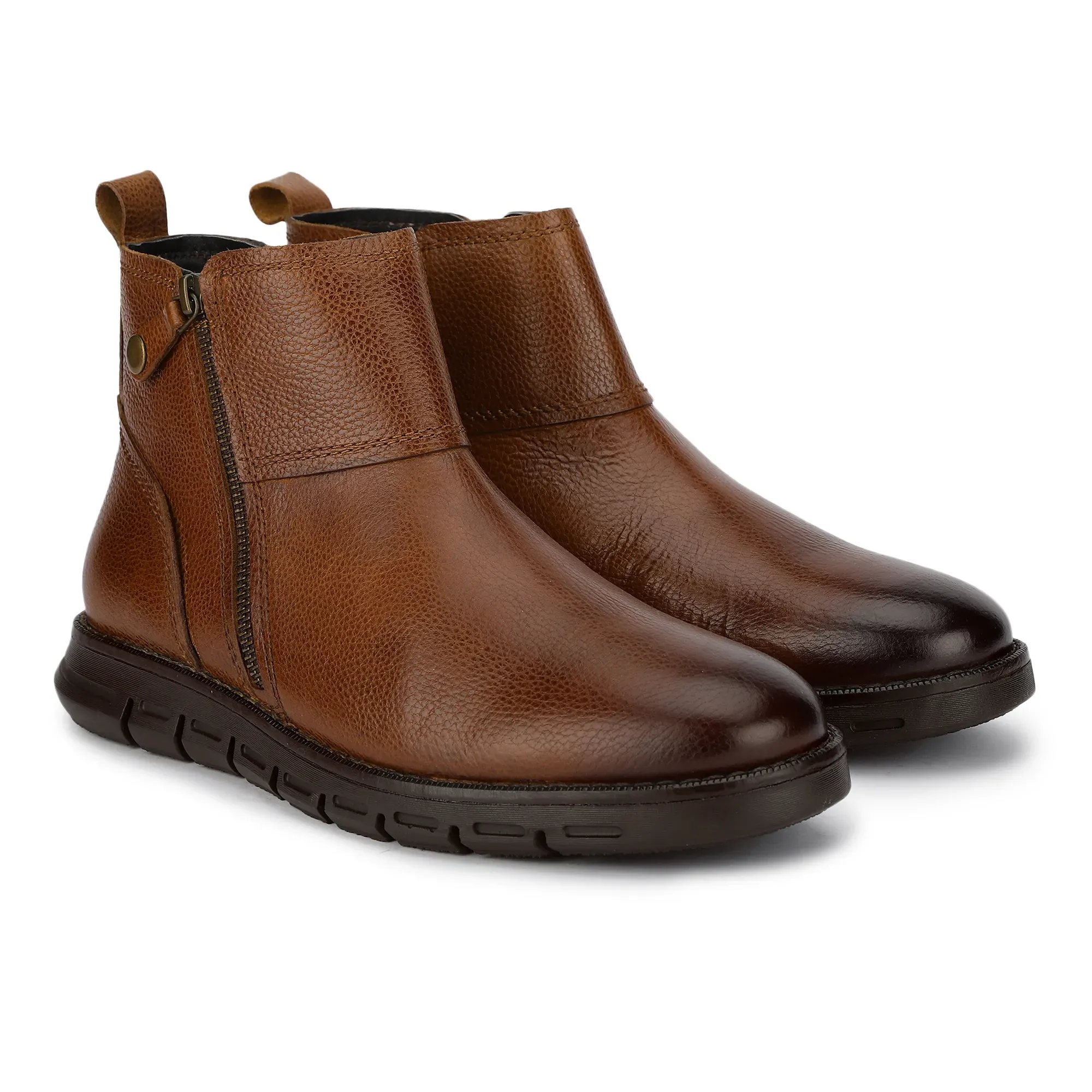 Men Tan Leather Ankle Boots with Side Zipper  - Thumbnail 6