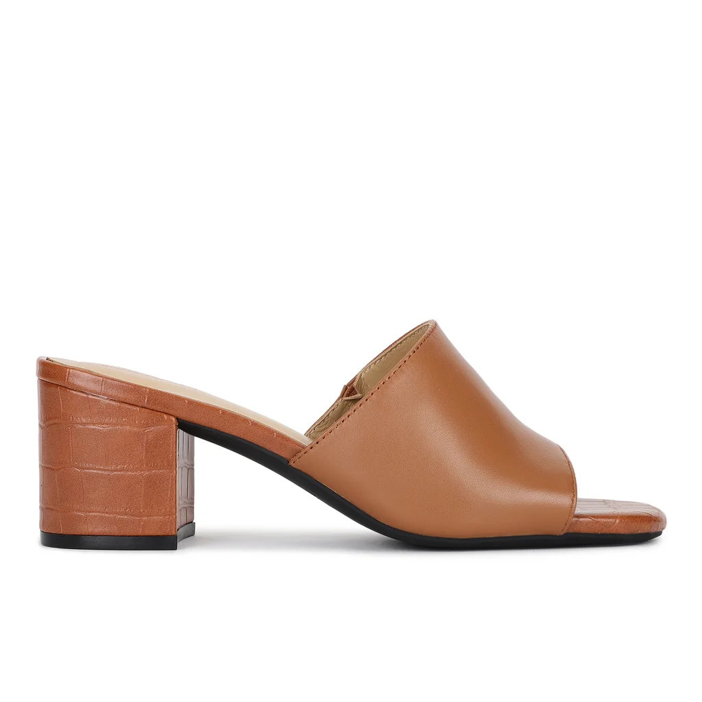 Tan Block Heel Mules for Women - Thumbnail 1