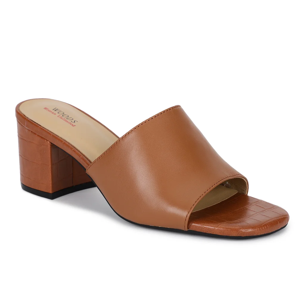 Tan Block Heel Mules for Women - Thumbnail 2