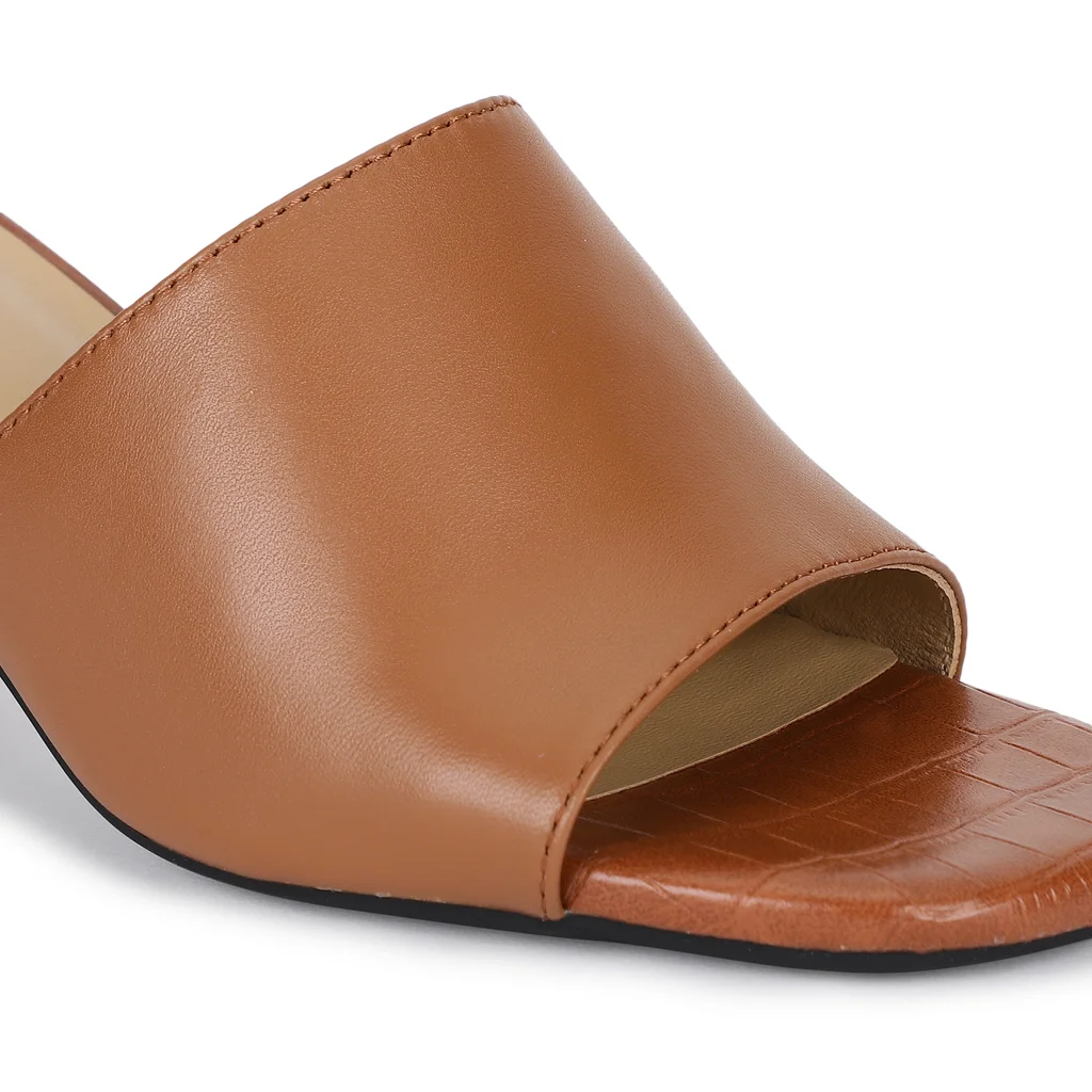 Tan Block Heel Mules for Women - Thumbnail 3
