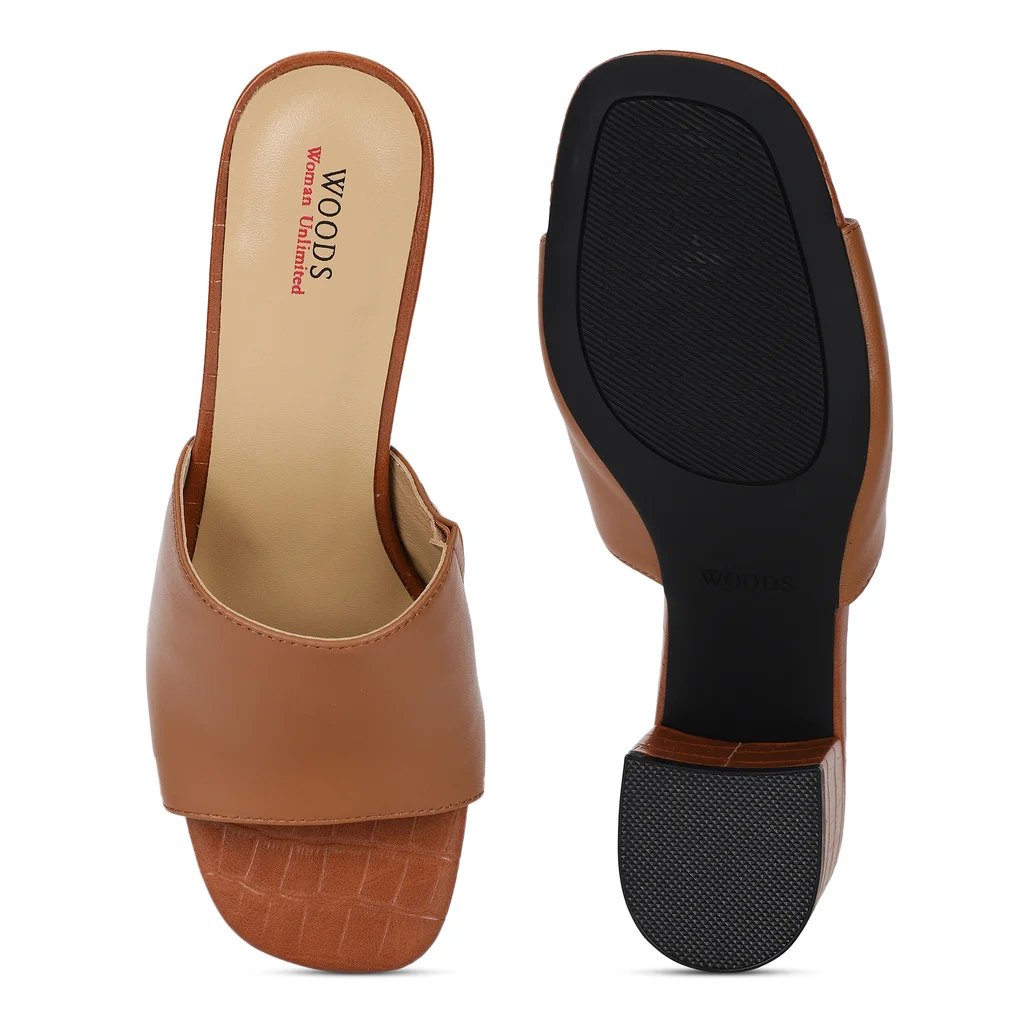 Tan Block Heel Mules for Women - Thumbnail 4