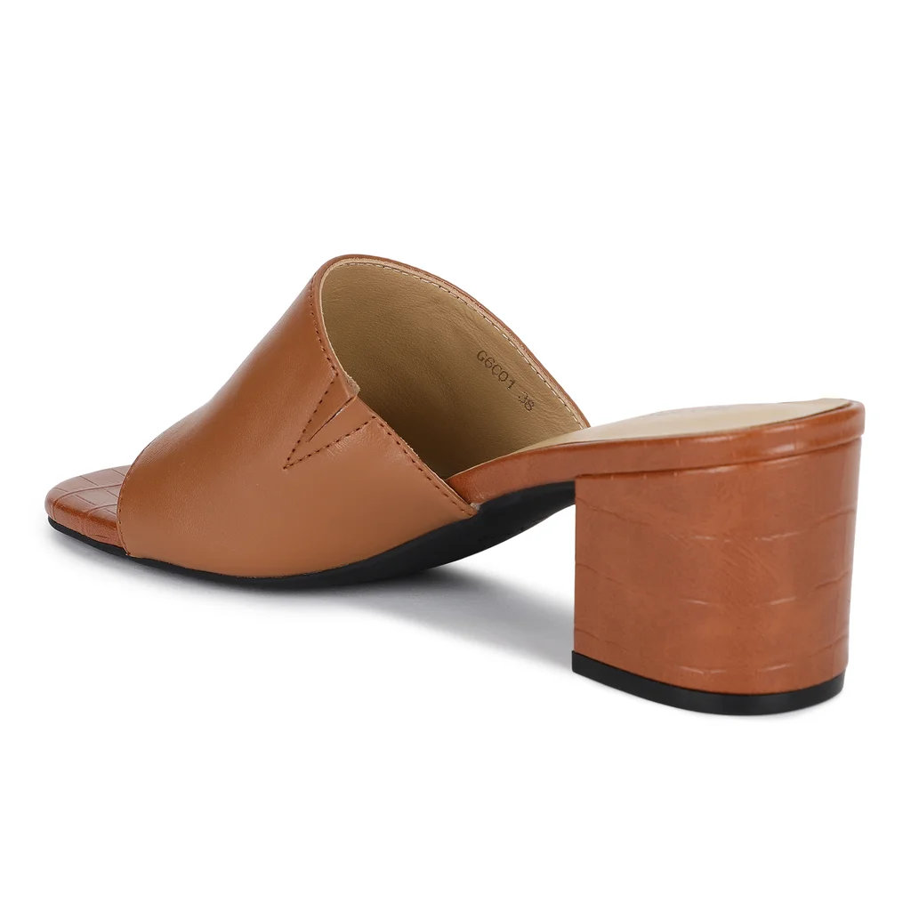 Tan Block Heel Mules for Women - Thumbnail 5