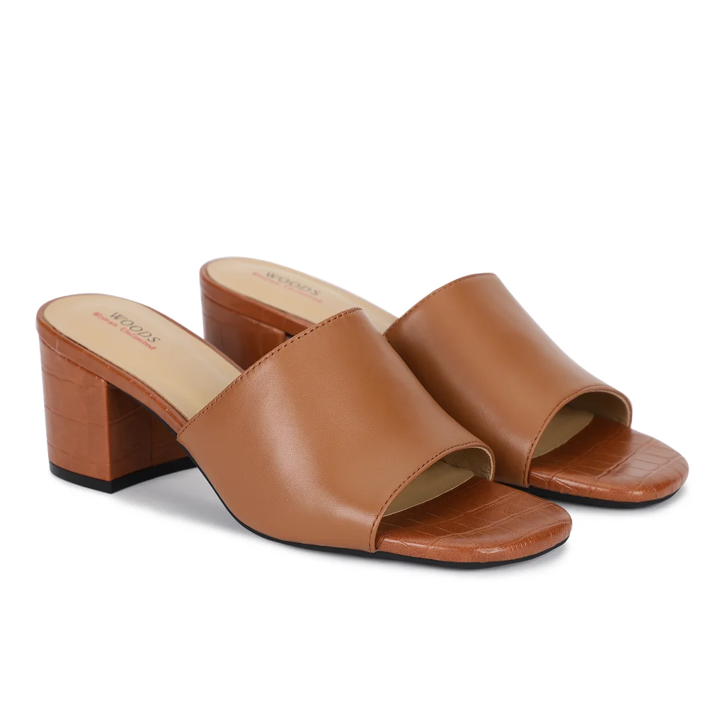 Tan Block Heel Mules for Women - Thumbnail 6