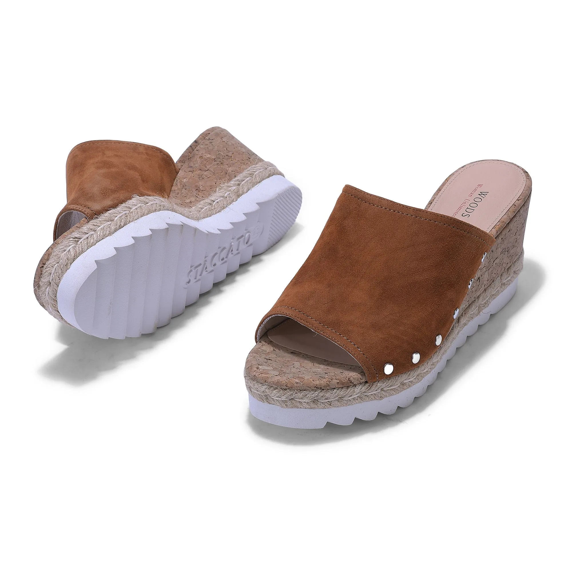 TAN wedge heel sandals for women - Thumbnail 4