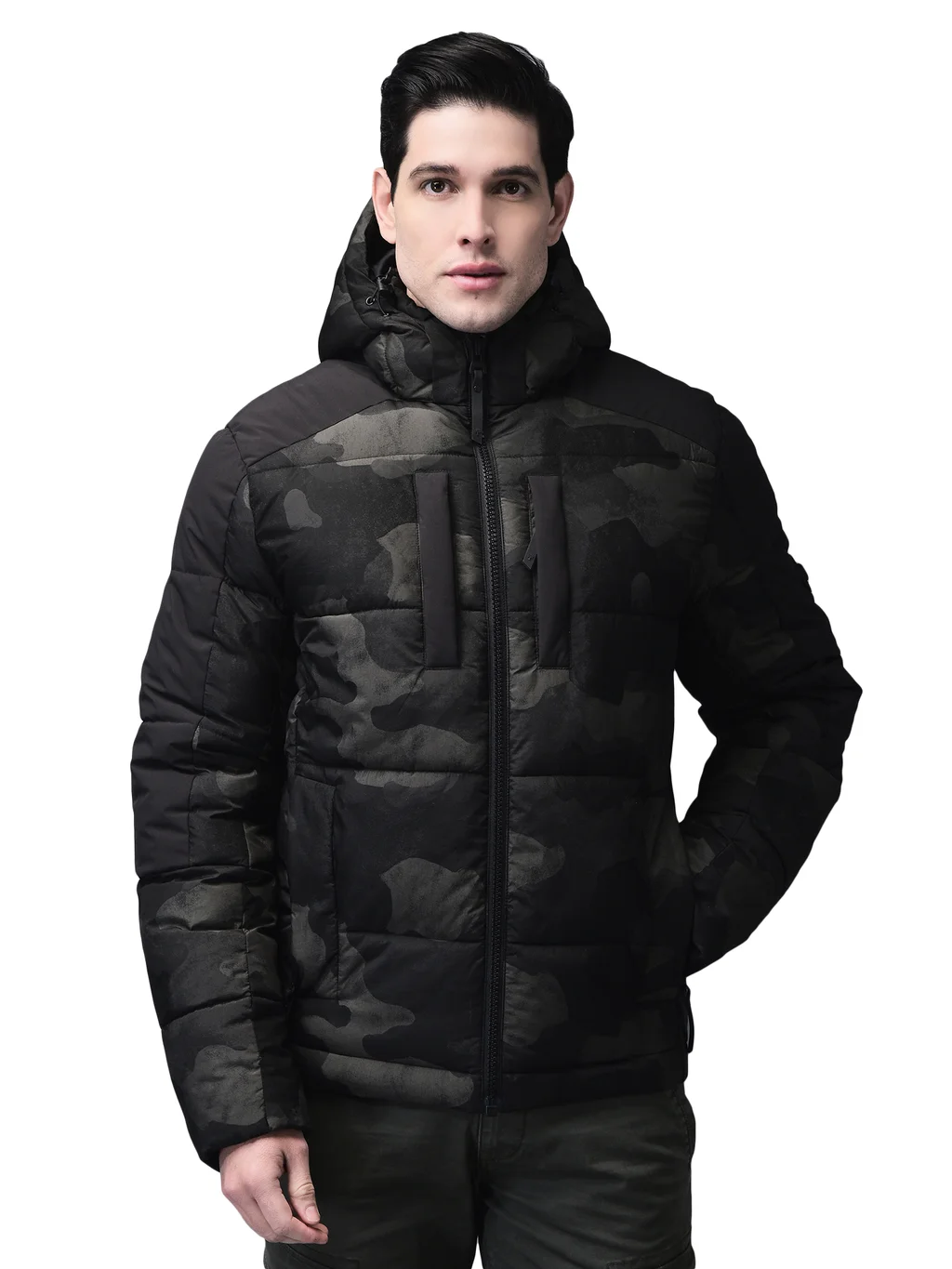 Camouflage green jacket for men with hood - Thumbnail 1