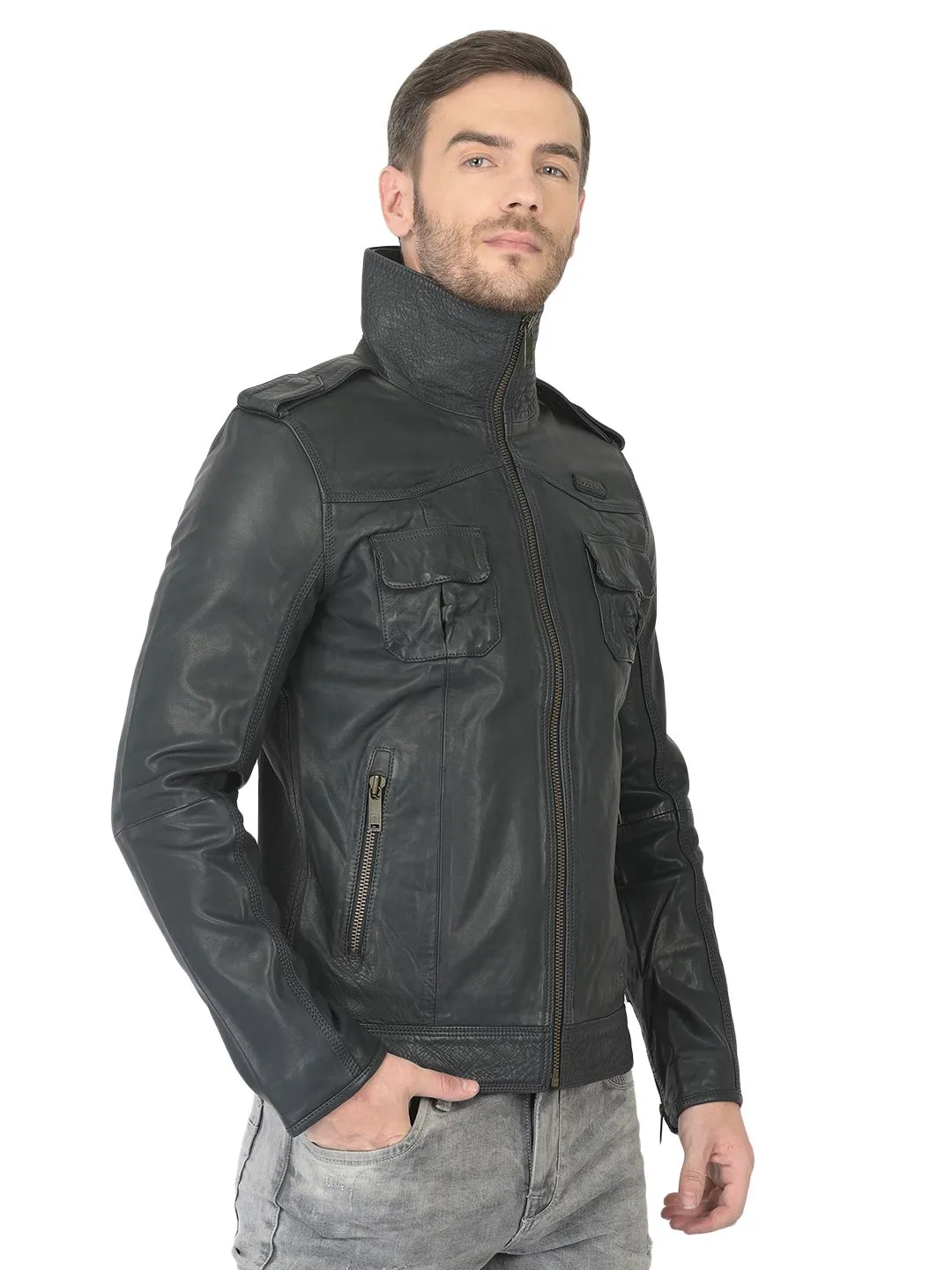 Blue leather jacket for men - Thumbnail 3
