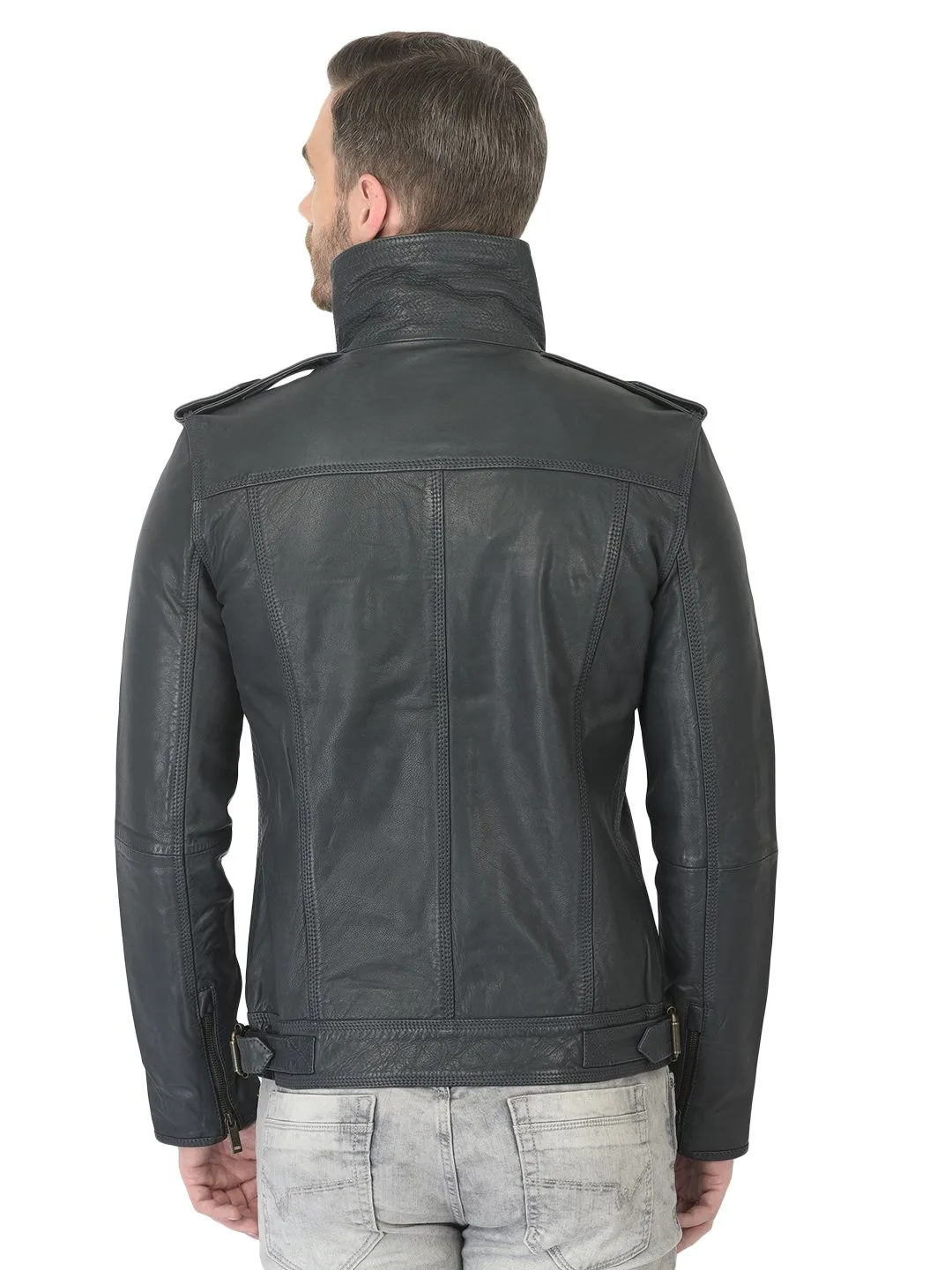 Blue leather jacket for men - Thumbnail 5