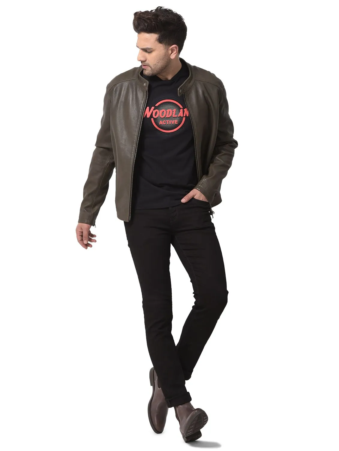 Olive leather jacket for men - Image 1