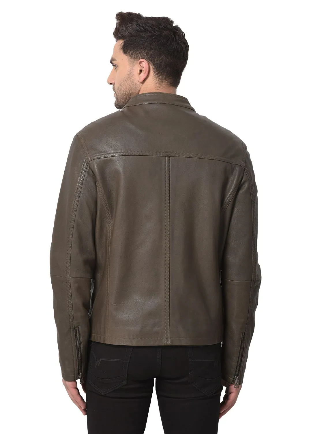 Olive leather jacket for men - Thumbnail 3