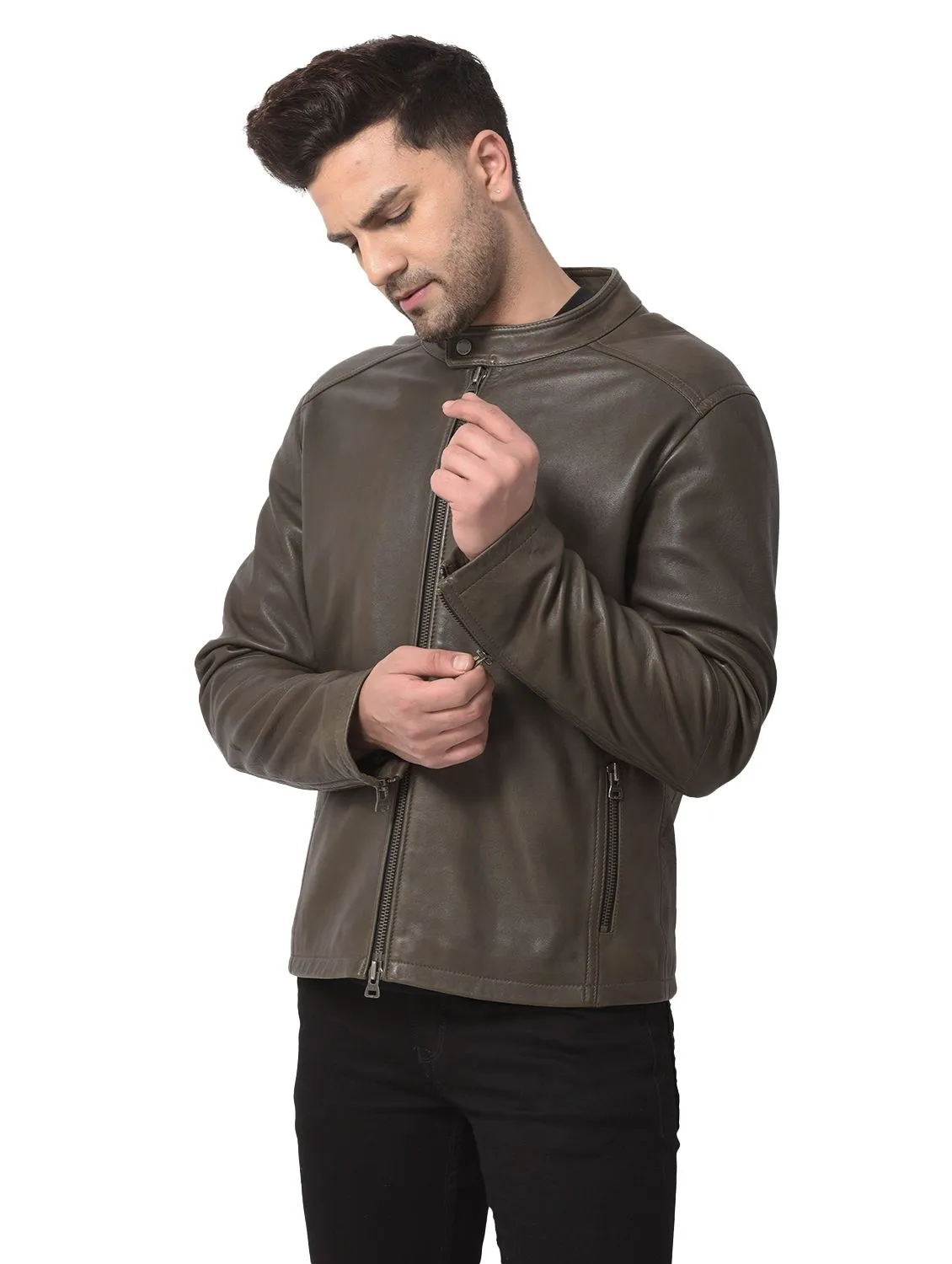 Olive leather jacket for men - Thumbnail 6