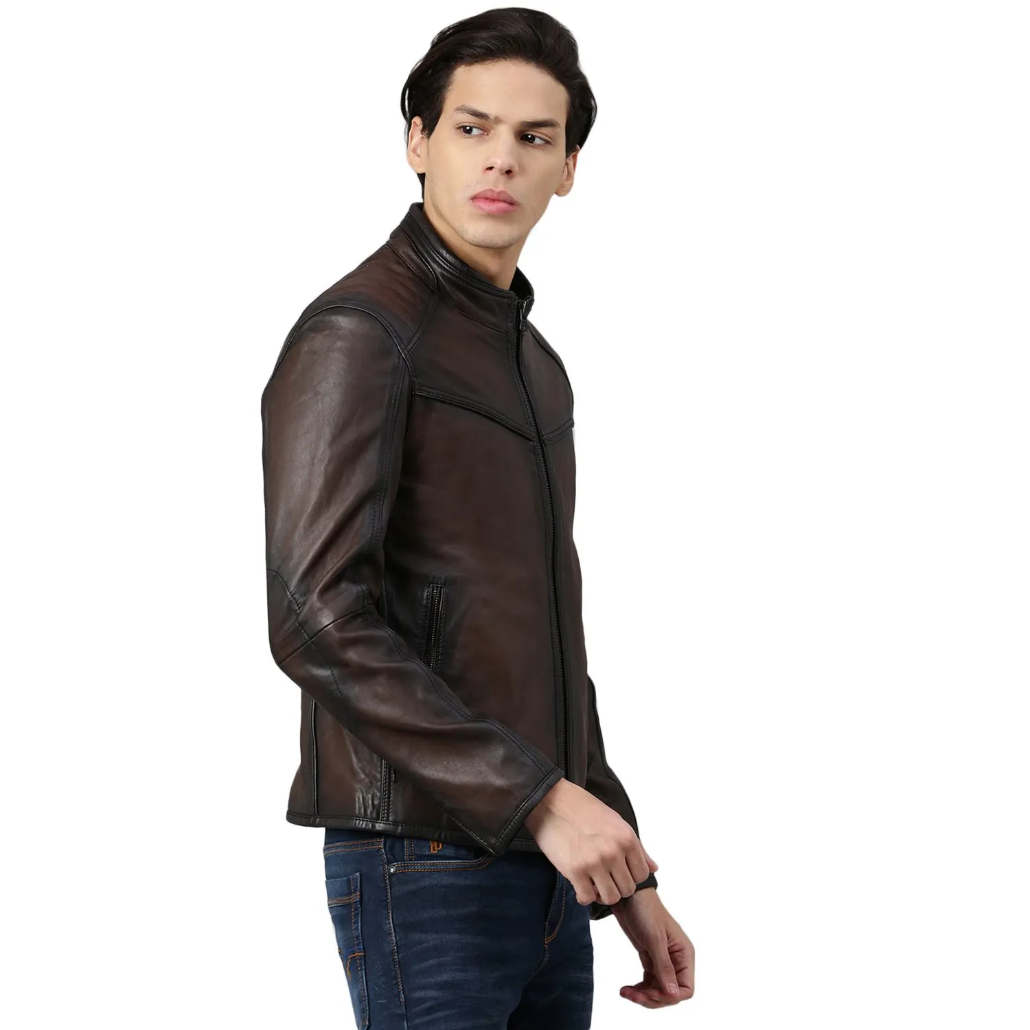 Brown Leather Jacket for men - Thumbnail 3