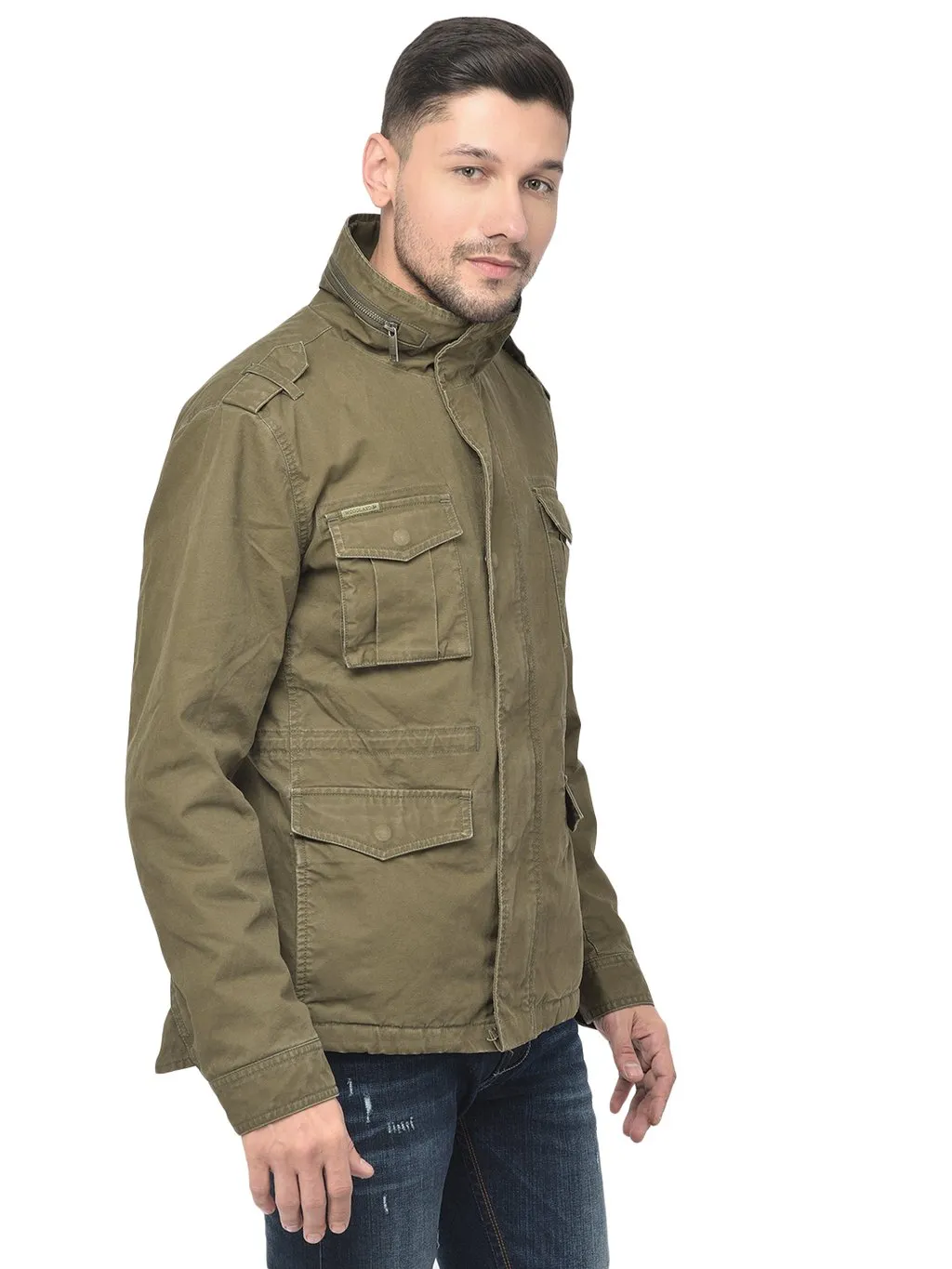 Khaki/Green Cotton Jacket for Men - Thumbnail 3