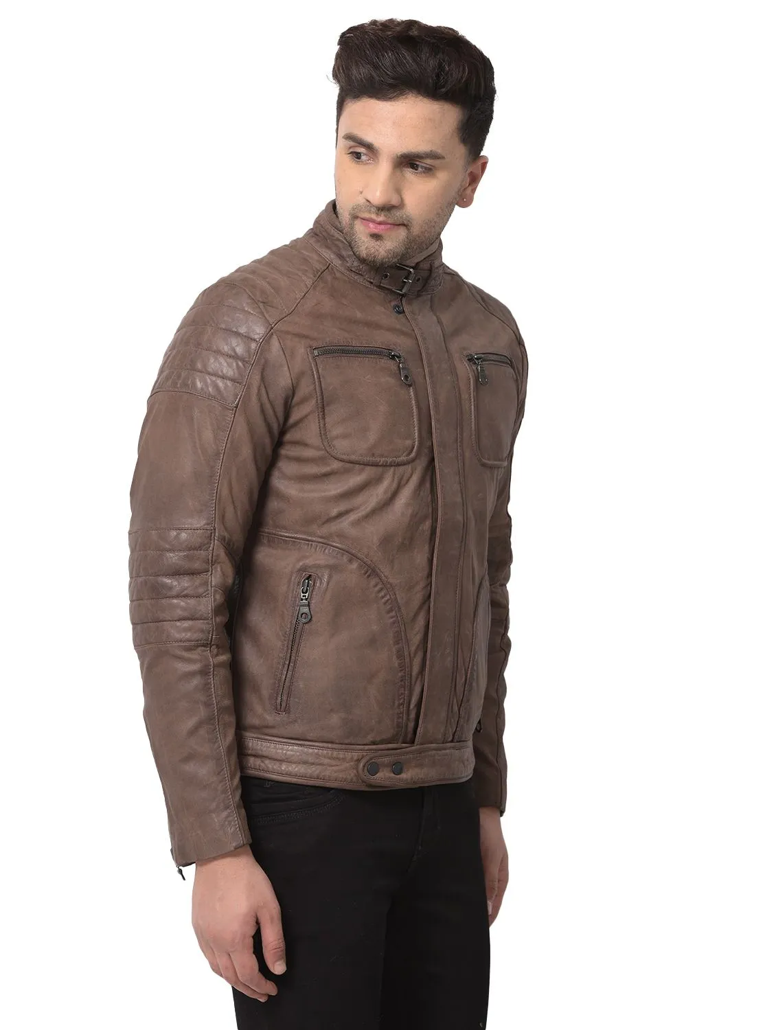Brown Leather Jacket for Men - Thumbnail 6