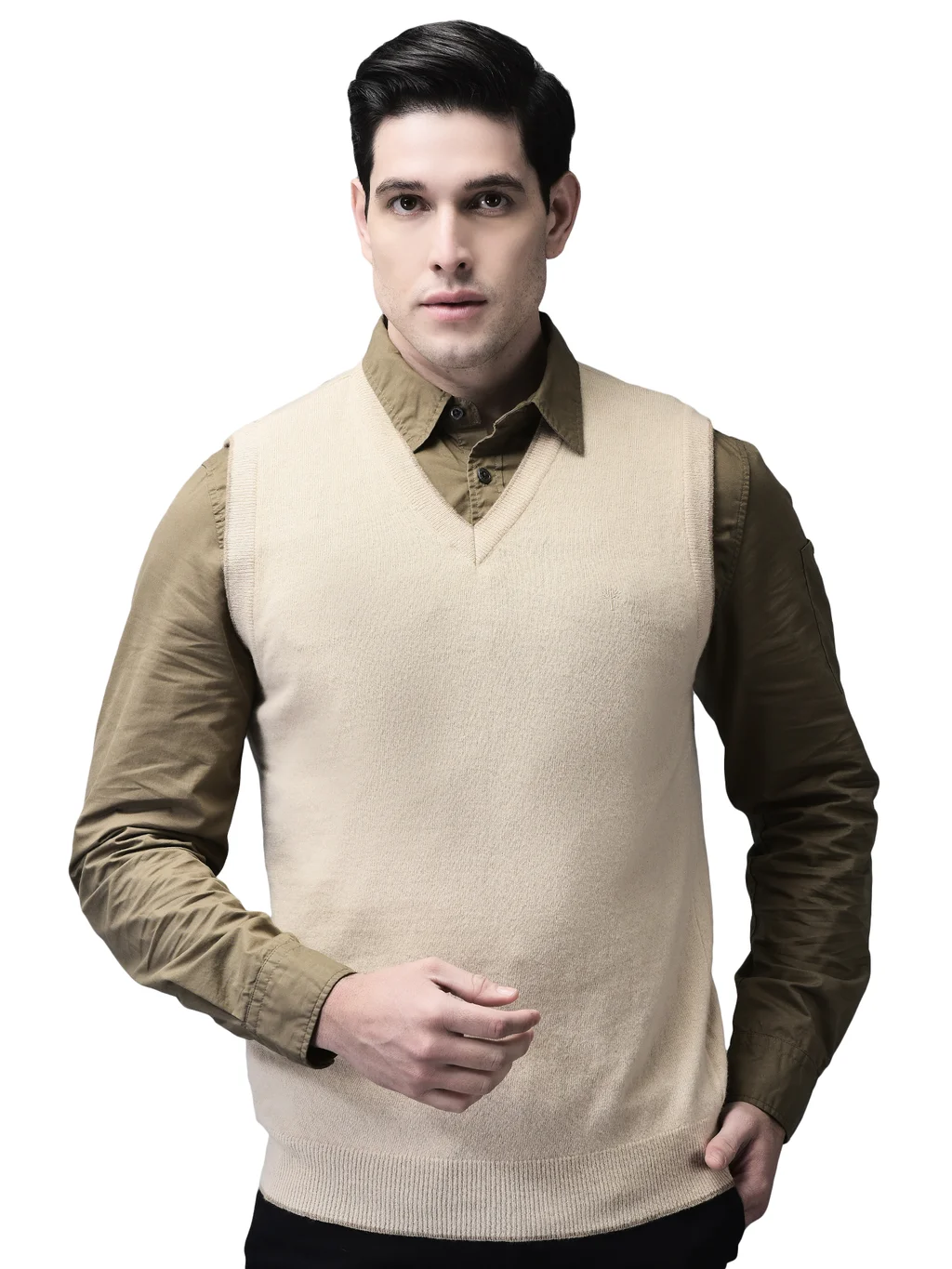 Light Beige Sleeveless V Neck Pullover for Men - Image 1