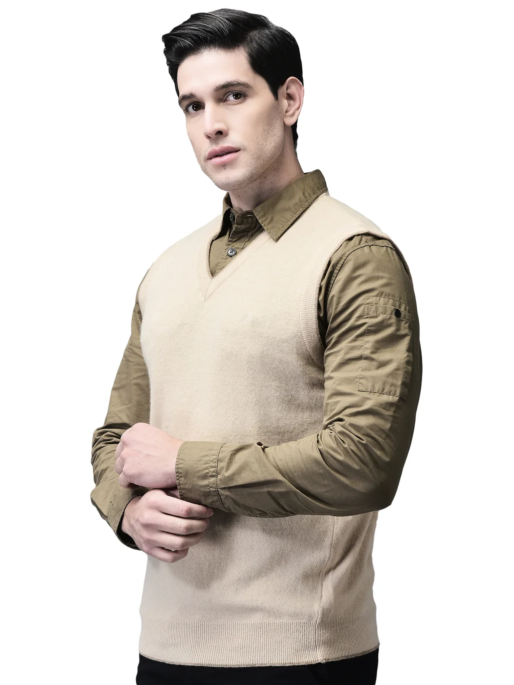 Light Beige Sleeveless V Neck Pullover for Men - Thumbnail 2