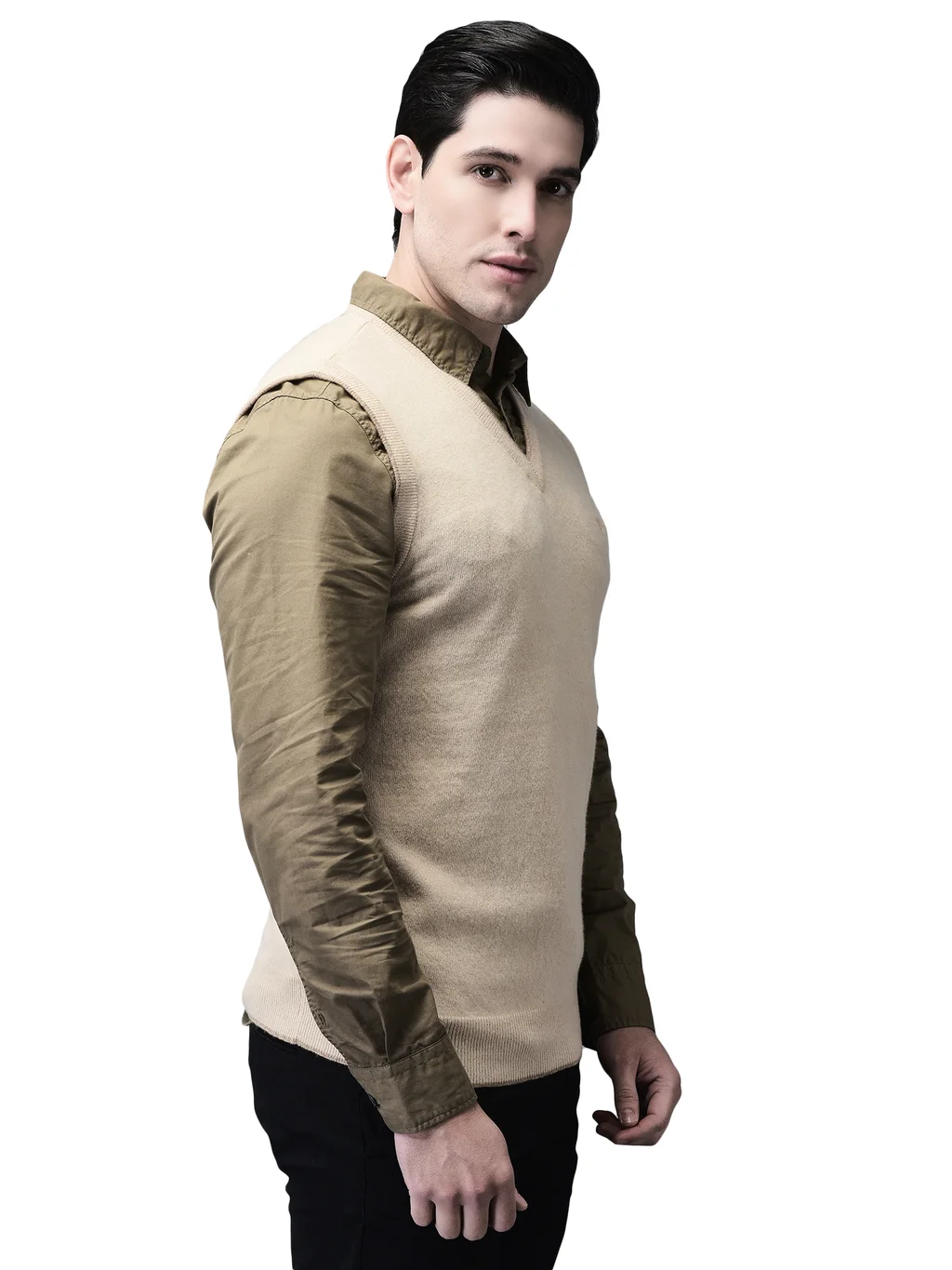 Light Beige Sleeveless V Neck Pullover for Men - Thumbnail 3