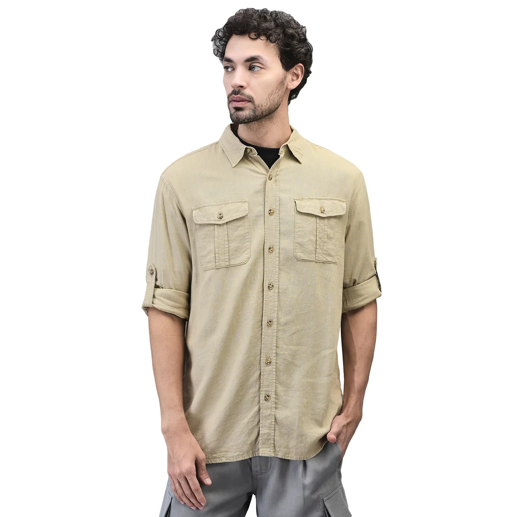 Men Beige Full Sleeve Shirt With Dual  Chest Pockets - Thumbnail 1